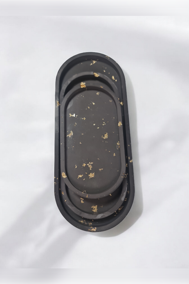 3lü Oval Tepsi Seti Siyah Gold