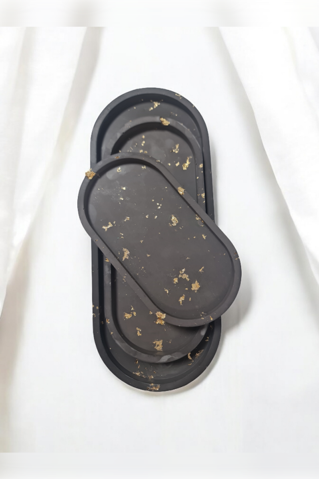 3lü Oval Tepsi Seti Siyah Gold