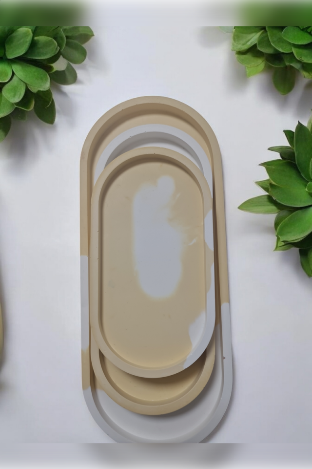 3lü Oval Tepsi Seti Beyaz Sarı