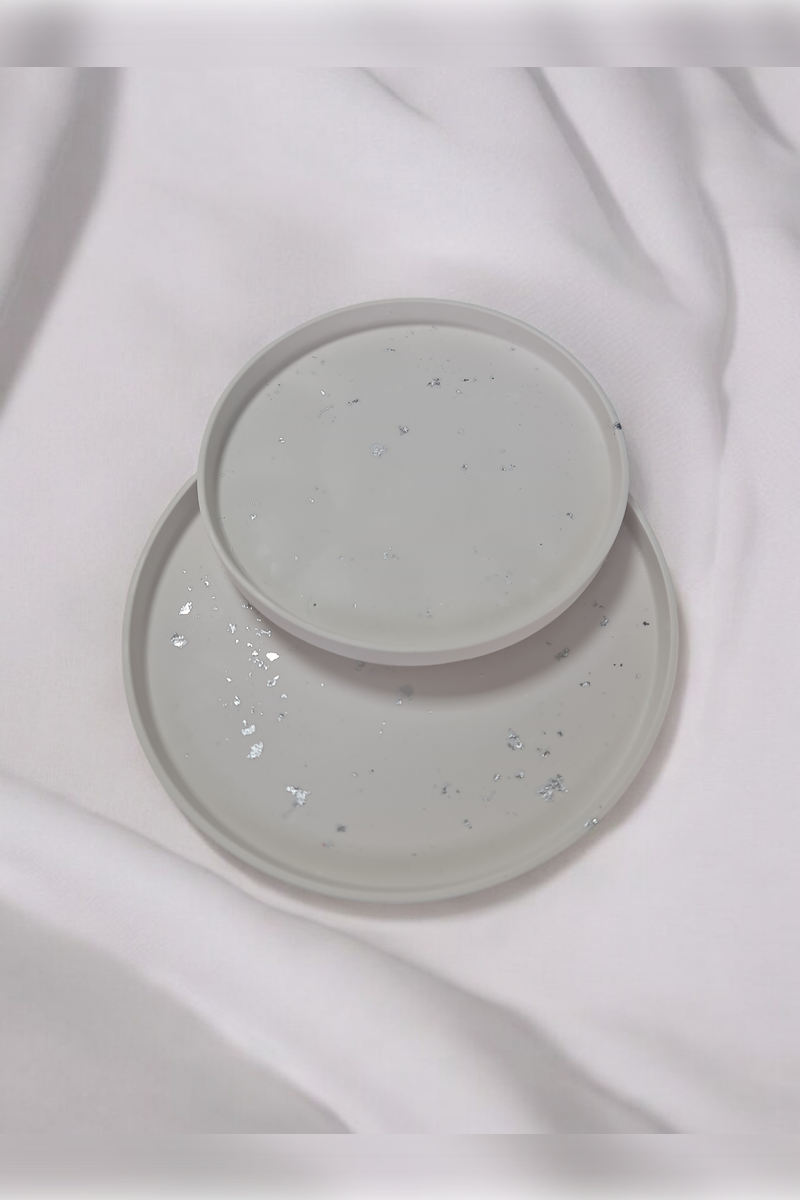 Dekoratif Beton 25-30 Cm Organizer Tepsi Gümüş Sim 2li Saksı/Mum Altlığı