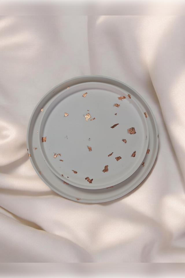 Dekoratif Beton 25-30 cm Organizer Tepsi Bakır Sim 2li Saksı/Mum Altlığı