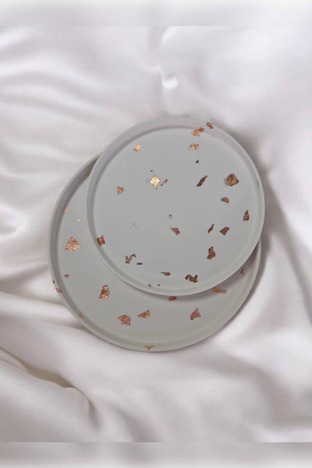 Dekoratif Beton 25-30 cm Organizer Tepsi Bakır Sim 2li Saksı/Mum Altlığı