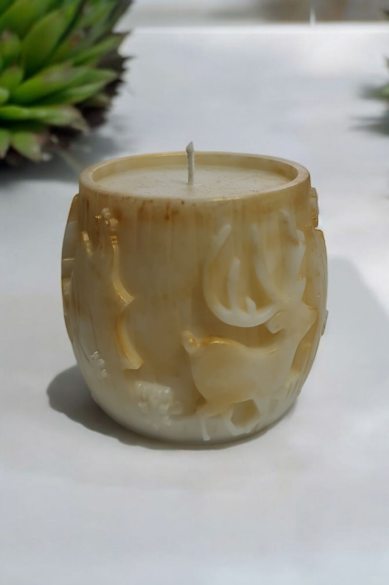 Geyik Desenli Fıçı Beyaz&Gold Mum