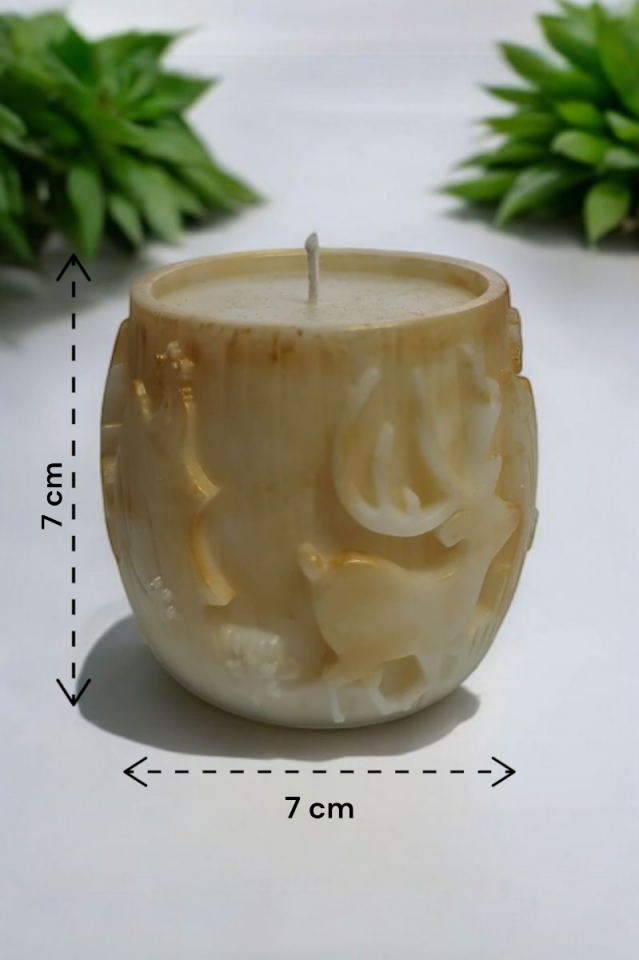 Geyik Desenli Fıçı Beyaz&Gold Mum