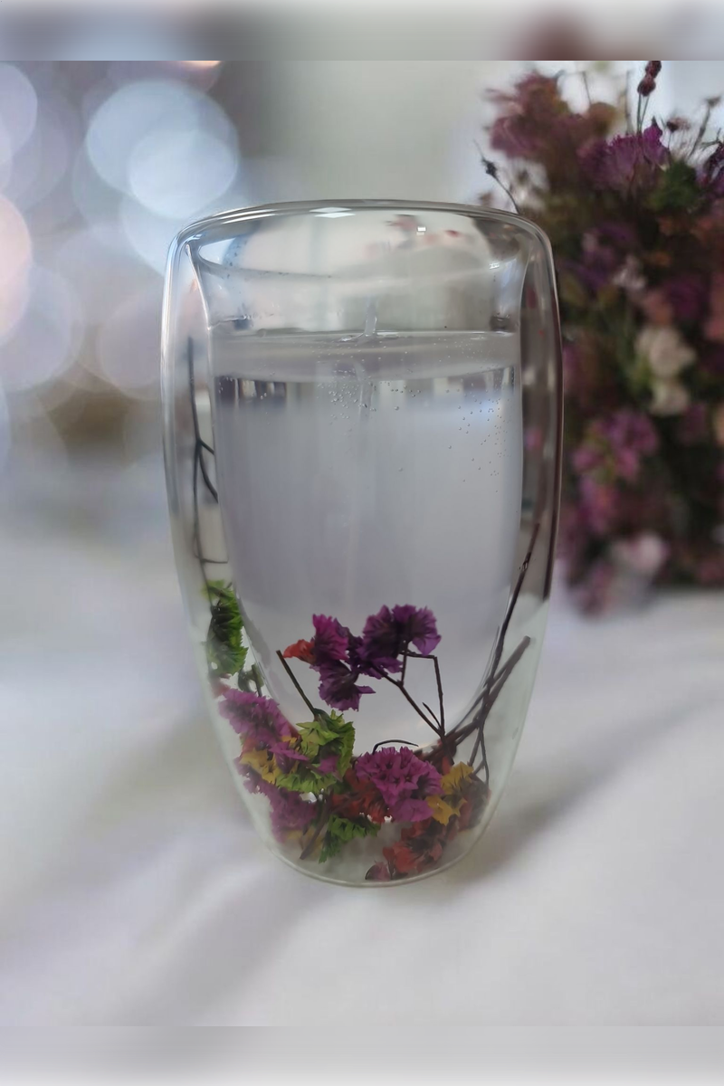 Çiçekli Şeffaf Bardak Mum