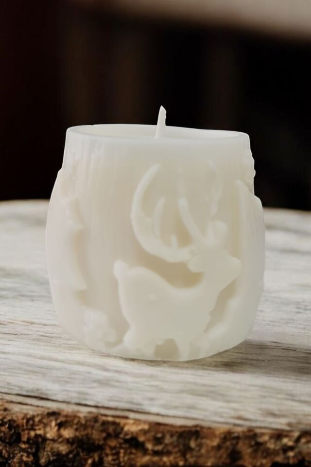 Geyik Desenli Fıçı Beyaz Mum