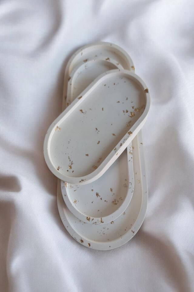 3lü Beton Oval Tepsi Seti Gold&Beyaz