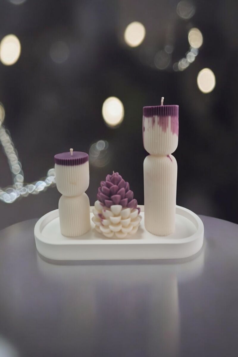 3lü Beyaz&Mürdüm Mum Seti