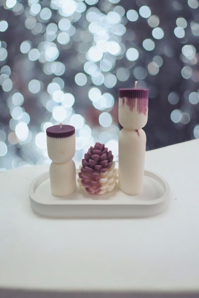 3lü Beyaz&Mürdüm Mum Seti