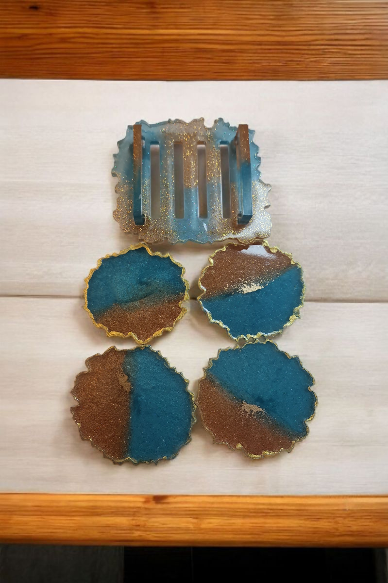 Epoksi Çay Bardağı Altlığı Seti Gold Mavi