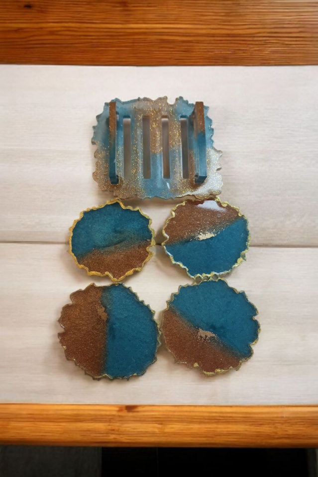 Epoksi Çay Bardağı Altlığı Seti Gold Mavi