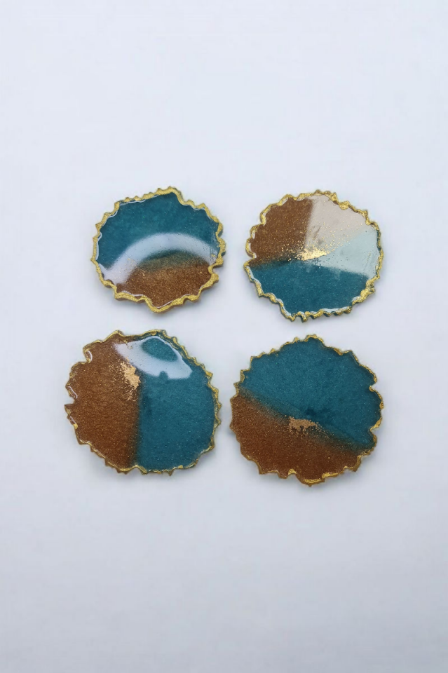 Epoksi Çay Bardağı Altlığı Seti Gold Mavi