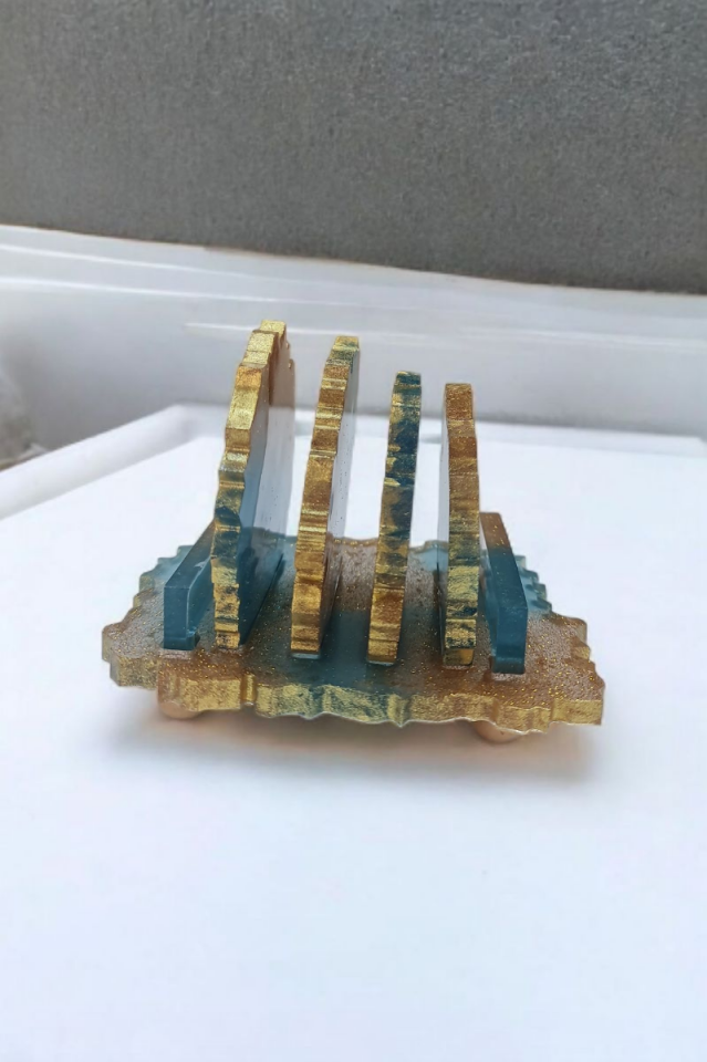 Epoksi Çay Bardağı Altlığı Seti Gold Mavi