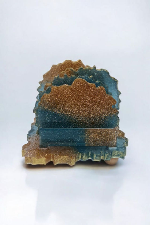 Epoksi Çay Bardağı Altlığı Seti Gold Mavi