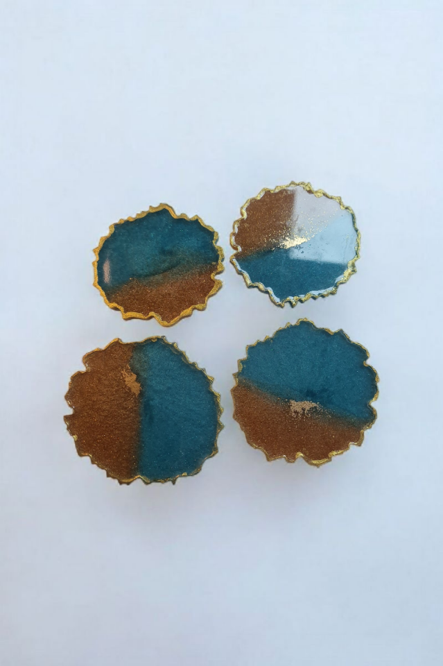 Epoksi Çay Bardağı Altlığı Seti Gold Mavi