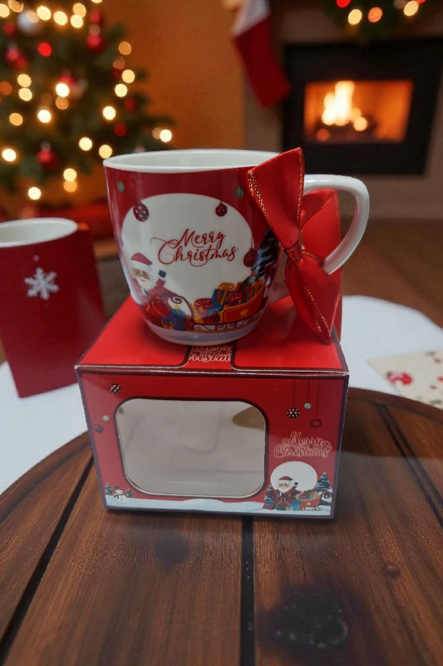 Premium Yeni Yıl Hediye Seti | Deri Saplı Özel Kutu – Noel Baba, Noel Evi ve Bardak