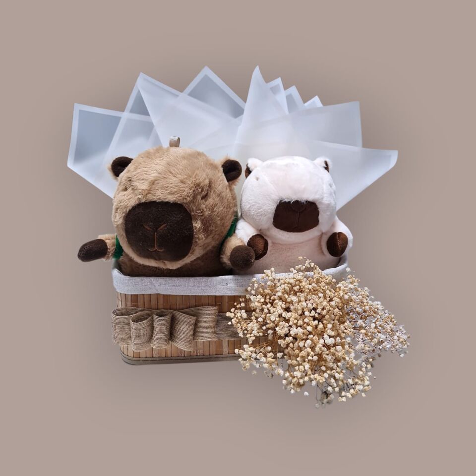 Çift Kapibara Peluş Hediye Sepeti – Hasır Sepette Kapibara Seti | Butik Tasarım