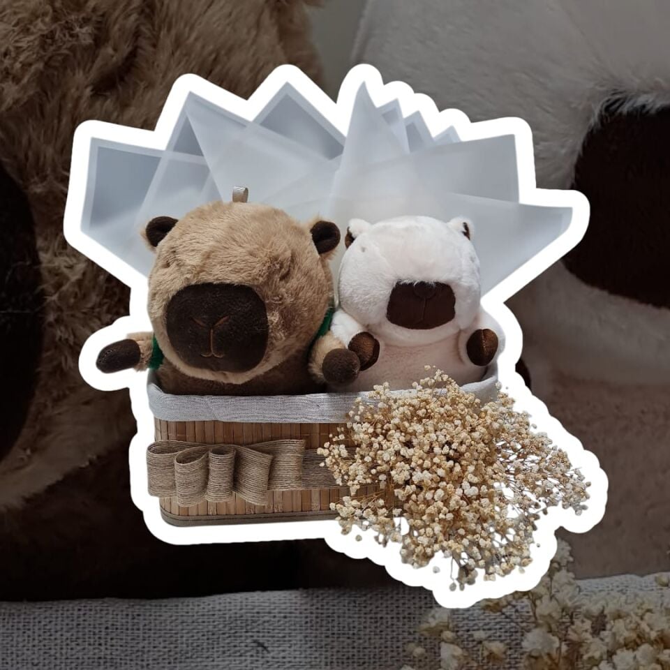 Çift Kapibara Peluş Hediye Sepeti – Hasır Sepette Kapibara Seti | Butik Tasarım