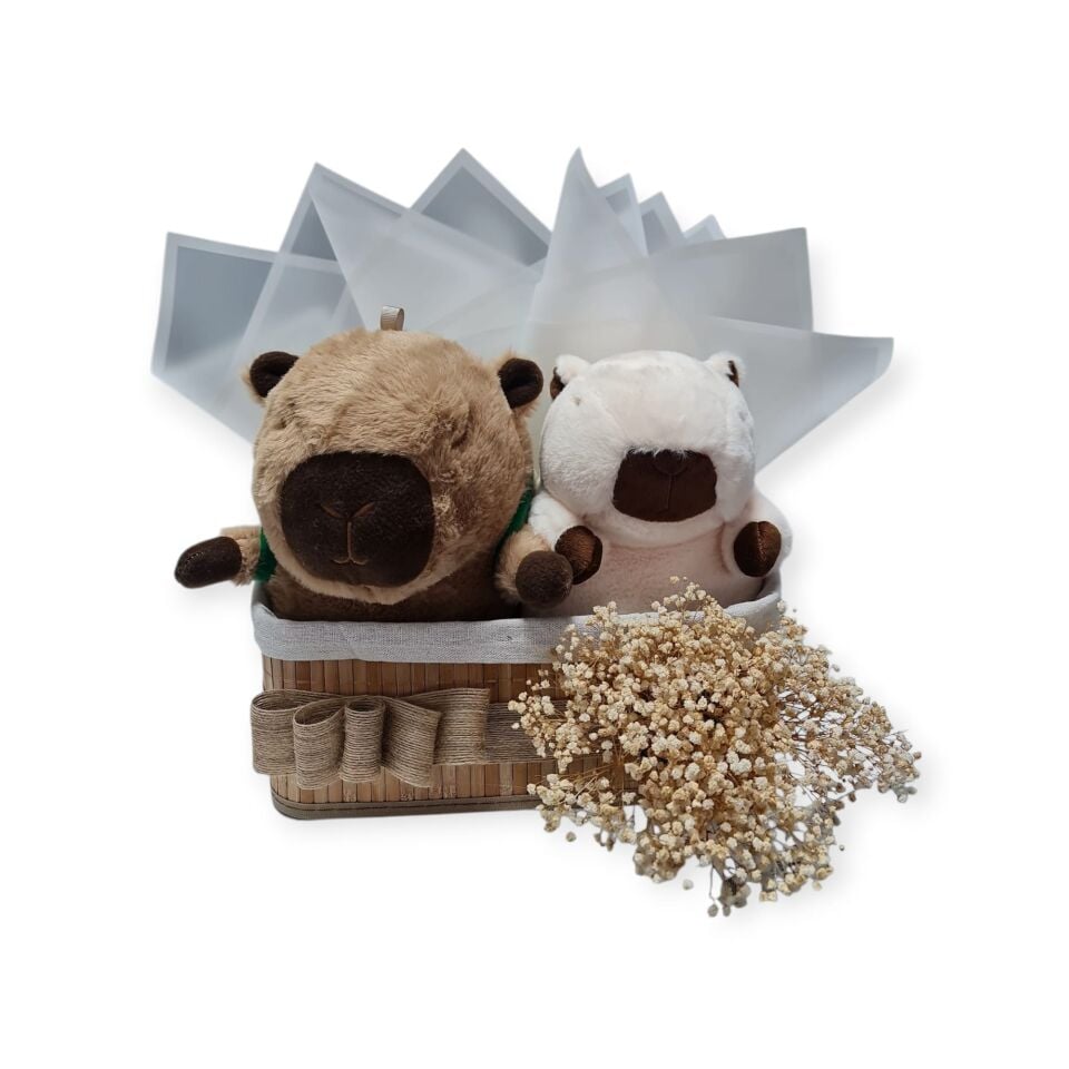 Çift Kapibara Peluş Hediye Sepeti – Hasır Sepette Kapibara Seti | Butik Tasarım